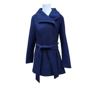 41 Hawthorn Blue Belted Faux Wool Pea Coat Zipper Front Collared Sz L